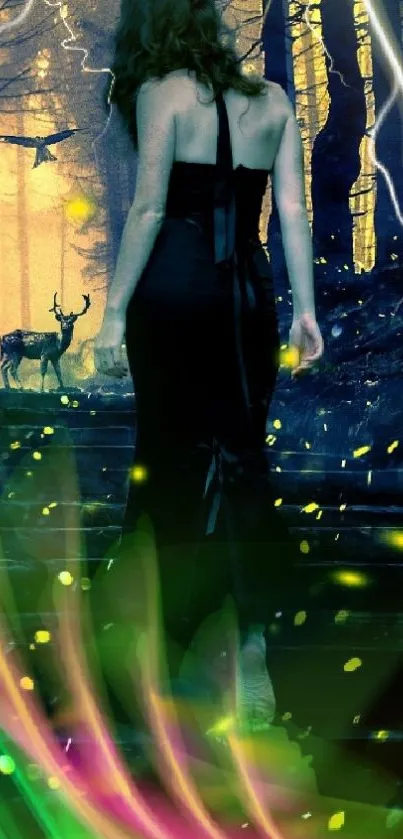 Lone woman in a mystical forest with glowing lights and deer.