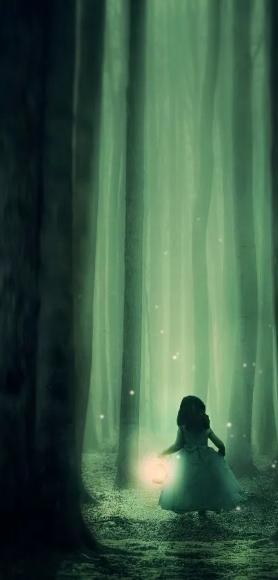 Mystical green forest with girl holding lantern.