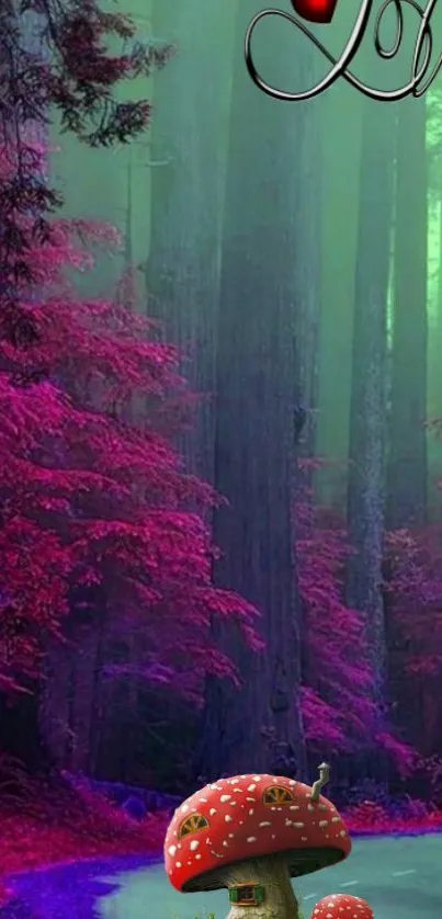 Enchanted forest with vibrant trees and mushrooms under magenta glow.