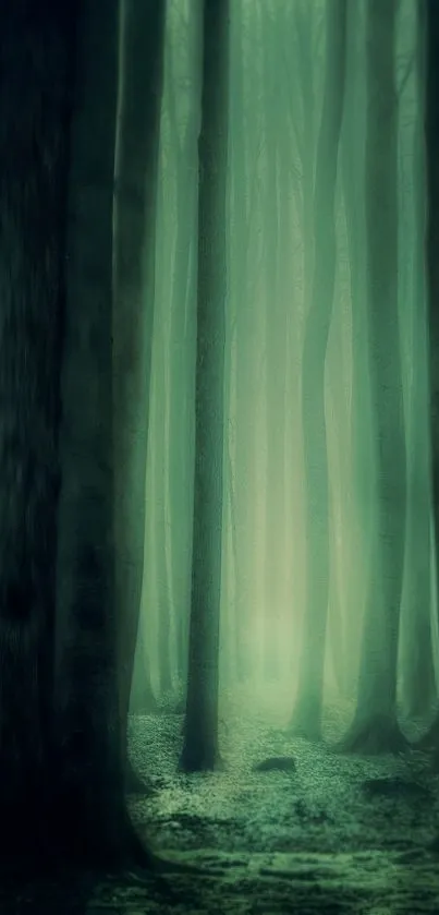 Misty green forest landscape for phone screen.