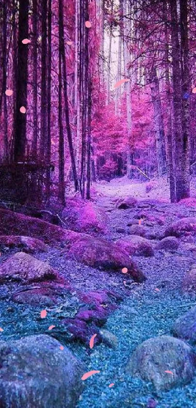 Vibrant purple forest path in an enchanted woodland setting.