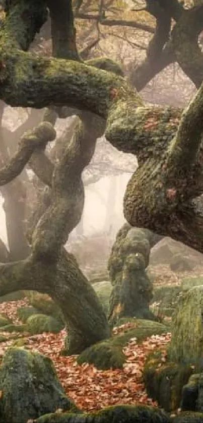 Twisted tree trunks in misty forest with autumn leaves.