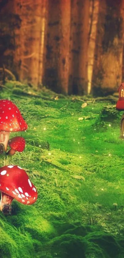 Magical enchanted forest with mushrooms and a cozy cottage.