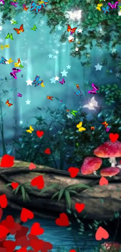 Enchanted forest wallpaper with red hearts and mushrooms.