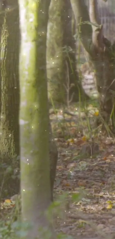 Magical forest with sunlight filtering through trees creating a mystical atmosphere.