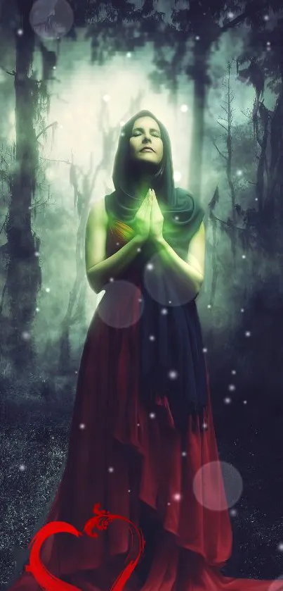 Mystical figure praying in enchanted forest background.