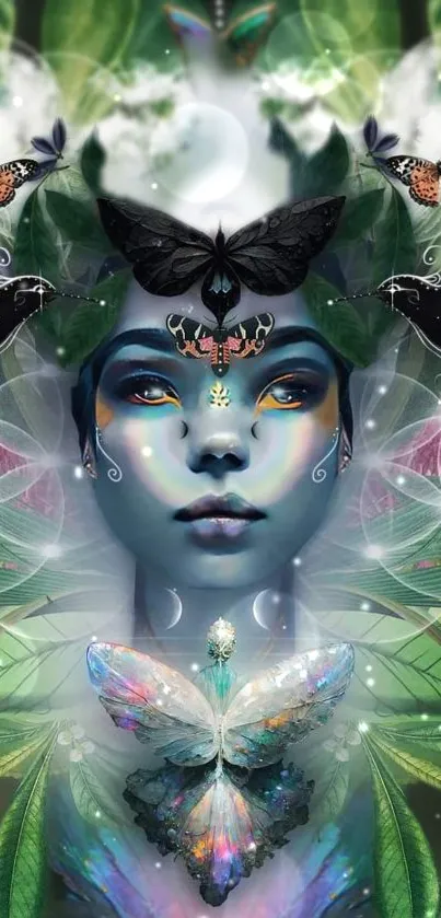 Mystical portrait wallpaper with butterflies and green leaves.