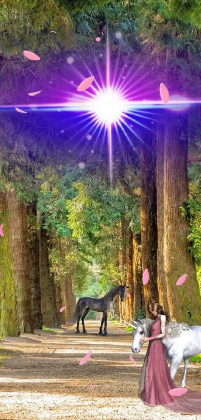 Enchanted forest wallpaper with light and horses amidst tall trees.
