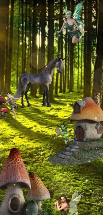 Enchanted forest scene with fairies, a horse, and whimsical mushrooms.