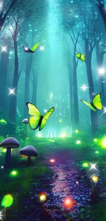 Enchanted forest with butterflies and glowing mushrooms wallpaper.