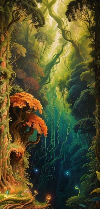 Colorful enchanted forest with magical lighting and lush greenery.