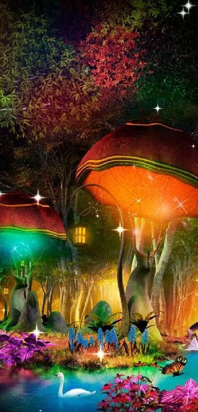 Enchanted forest with glowing mushrooms and vibrant colors on mobile wallpaper.