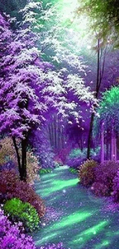 Mystical forest path with purple trees and greenery.