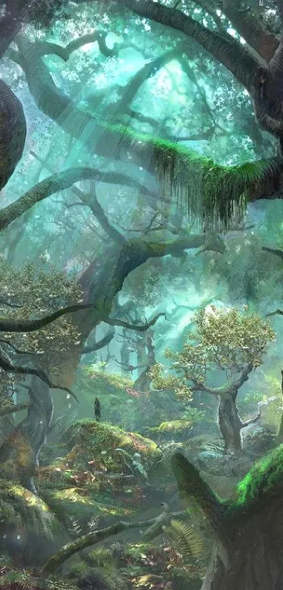 Enchanted forest with mystical green light and towering trees.