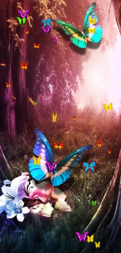 Vibrant butterflies in an enchanted forest wallpaper.