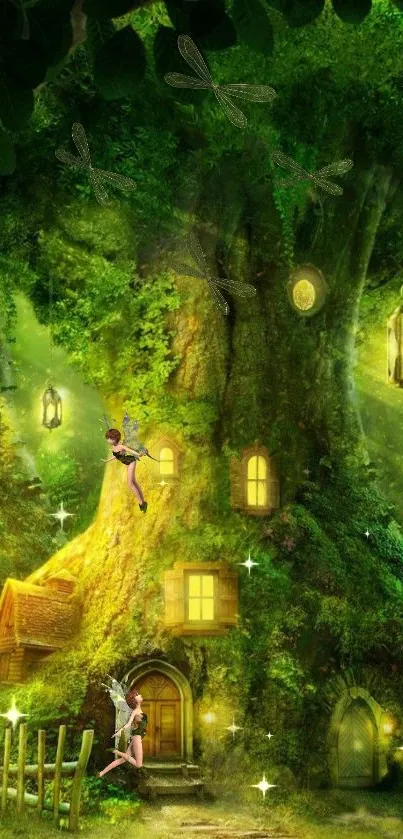 Magical forest scene with tree house and fairies.