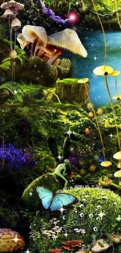 Enchanted forest wallpaper with mushrooms and a pond.