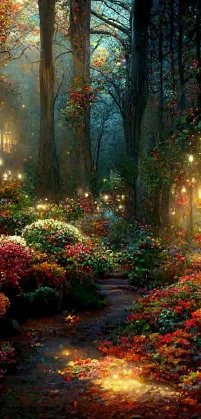 Enchanted forest wallpaper with glowing lights and colorful flowers.