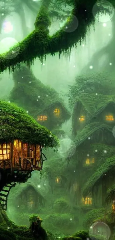 Enchanted forest with treehouse villages.