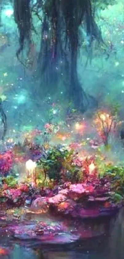 Enchanted forest wallpaper with glowing flora and vibrant colors.