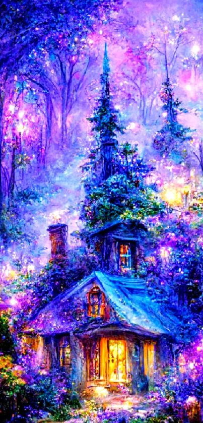 Enchanted forest with glowing lights and a cozy cottage.