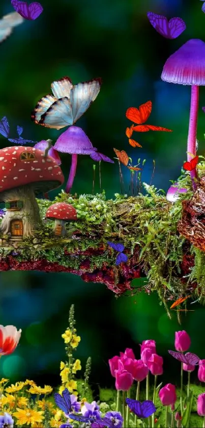 Enchanted forest wallpaper with mushrooms and butterflies.