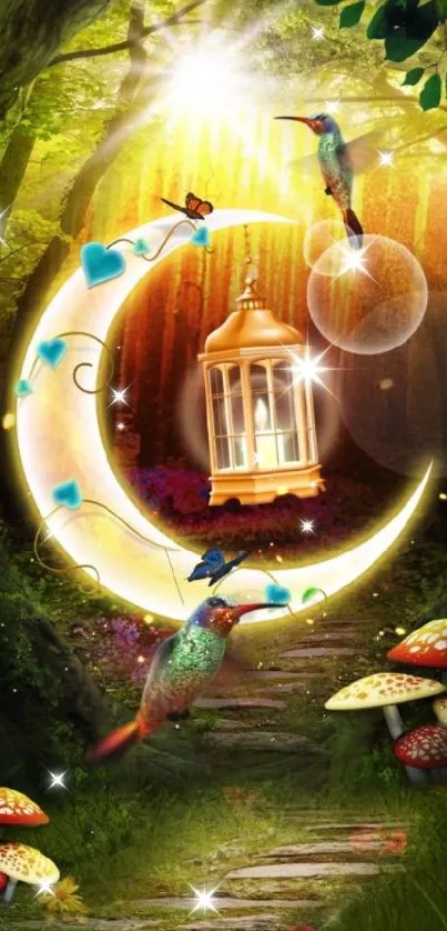 Enchanted forest mobile wallpaper with moon and lantern.