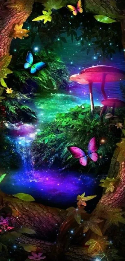 Enchanting forest wallpaper with butterflies and glowing mushrooms.