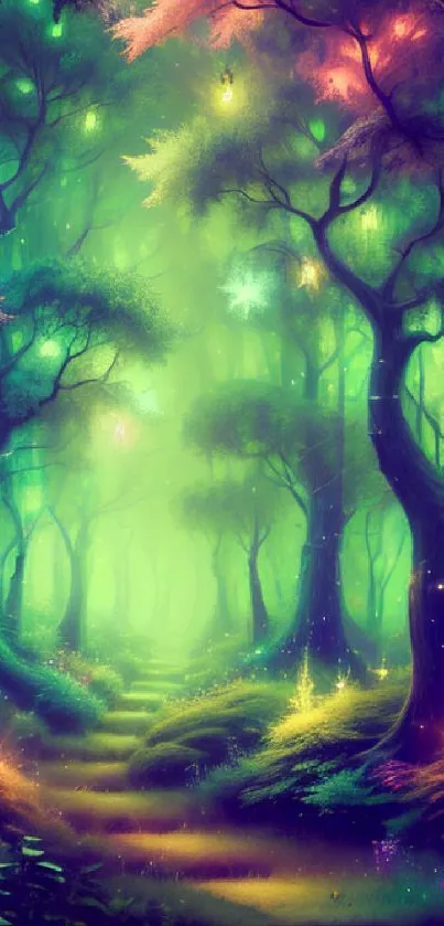 Magical forest with vibrant greenery and glowing lights.