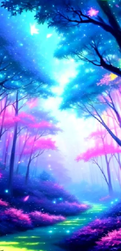 Enchanting forest wallpaper with vibrant colors and glowing butterflies.