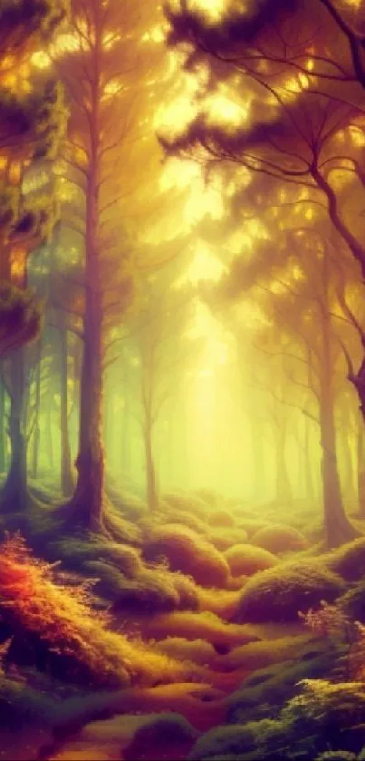 Enchanting golden forest with sunlight filtering through tall trees and lush greenery.