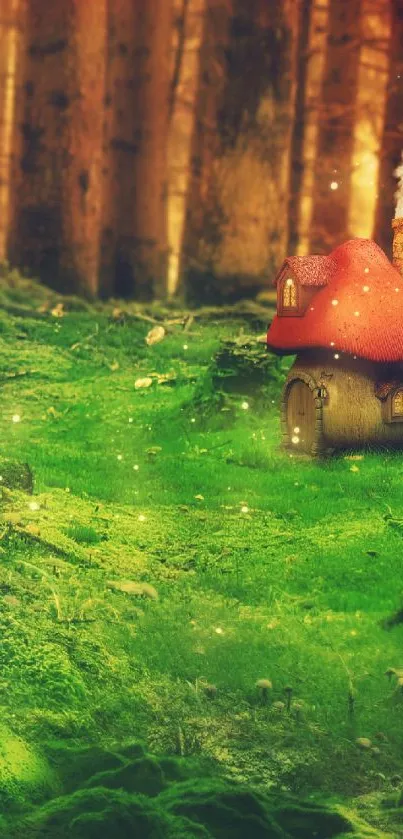 Whimsical forest wallpaper with mushrooms and a cozy cottage.