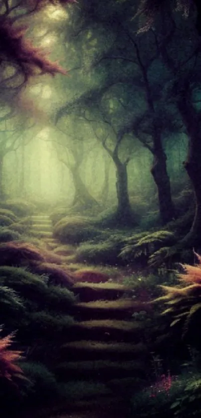 Enchanted forest path with lush green foliage and a mystical atmosphere.