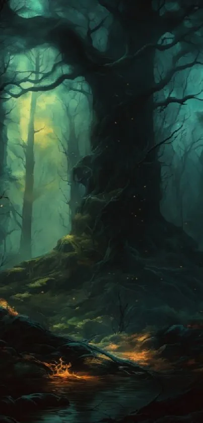 Dark enchanted forest with mystical glow and ancient trees for mobile wallpaper.