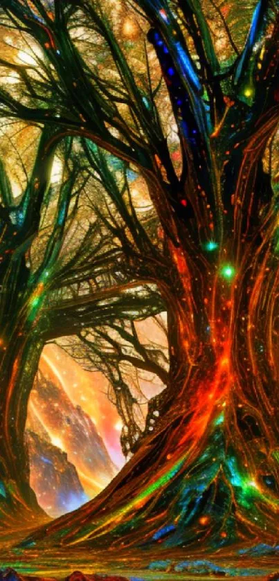 Enchanted forest with vibrant trees and cosmic lights, perfect for mobile wallpaper.