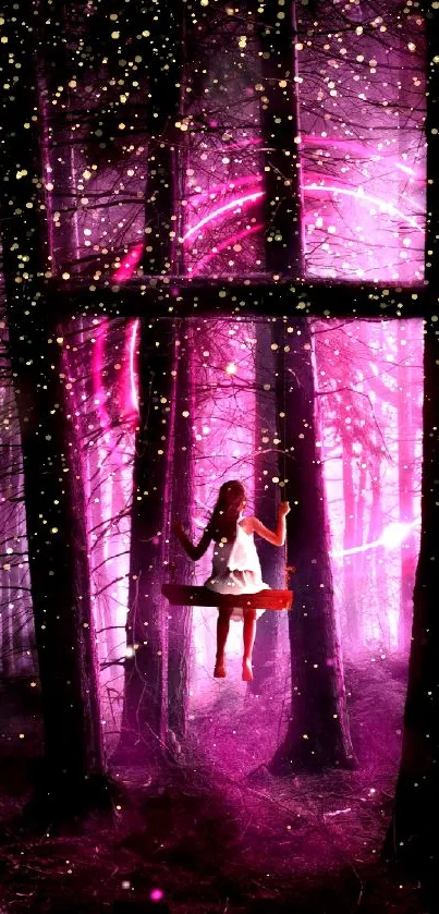 A girl swings in a glowing pink enchanted forest.