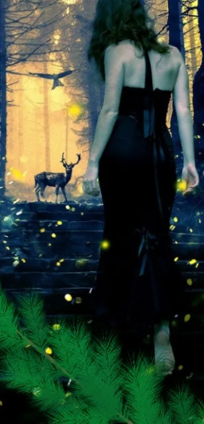 Mystical woman walks towards a deer in a glowing forest landscape.