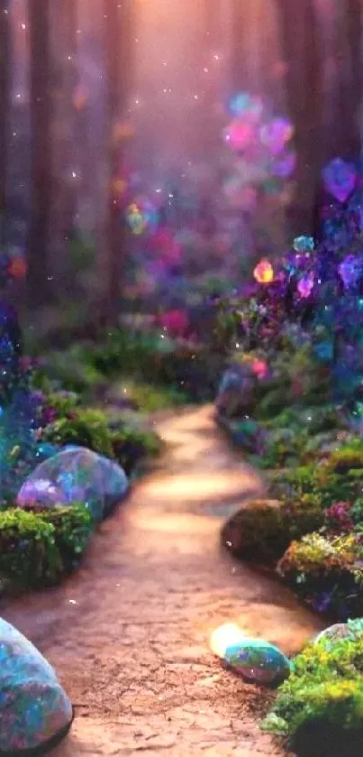 Enchanted forest path with glowing flora.