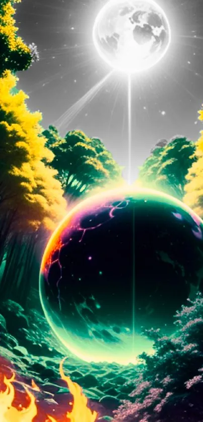 A glowing planet with a fiery forest under moonlight.