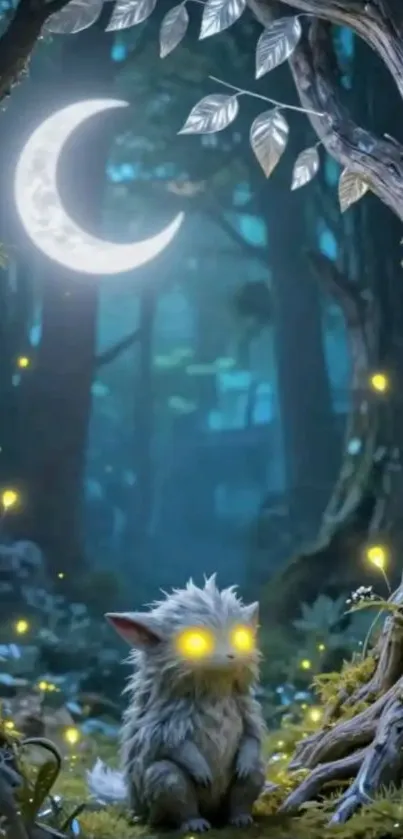 Enchanted forest with glowing creature under moonlight.