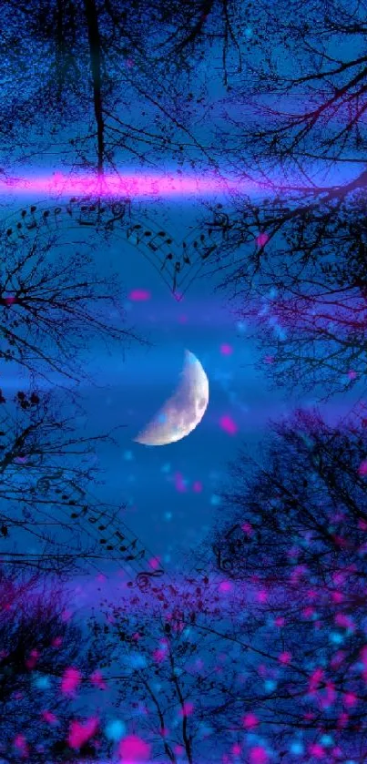 Enchanted forest with moonlight in a dreamy night sky.