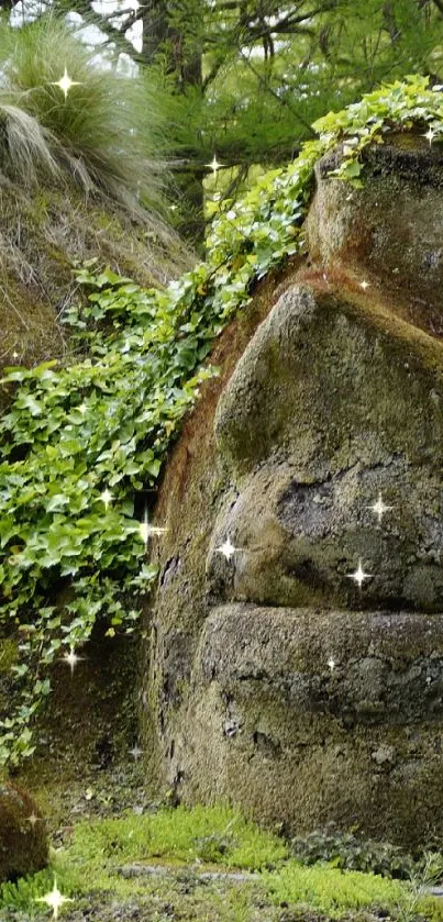 Moss-covered stone sculptures in a serene forest setting.