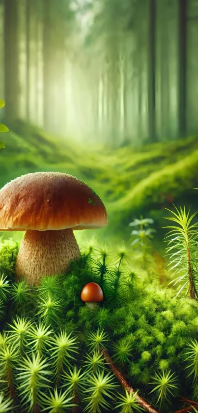 Mushroom in lush green forest wallpaper.
