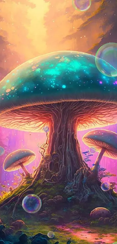 Enchanting teal mushroom in mystical forest wallpaper.