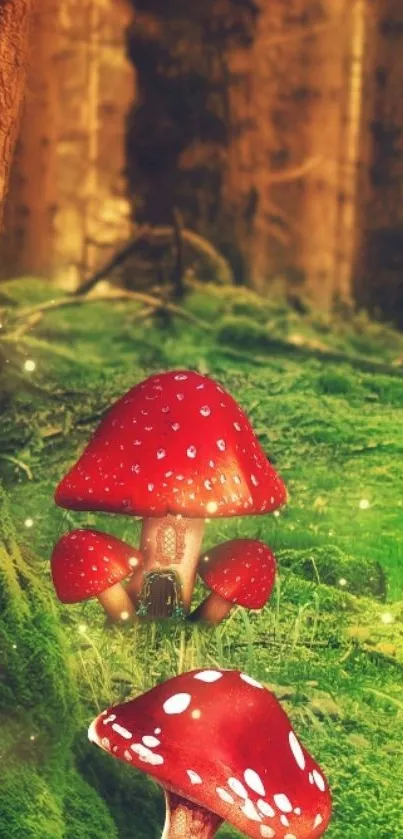 Lush forest scene with red mushrooms.