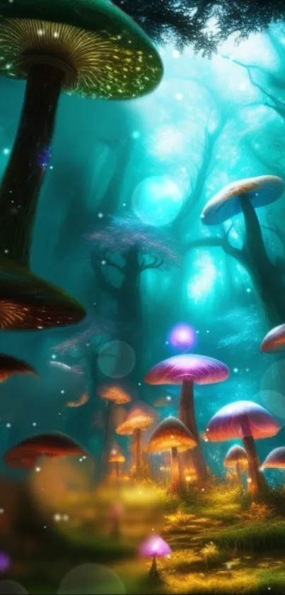 Enchanted forest with glowing, colorful mushrooms and teal ambiance.