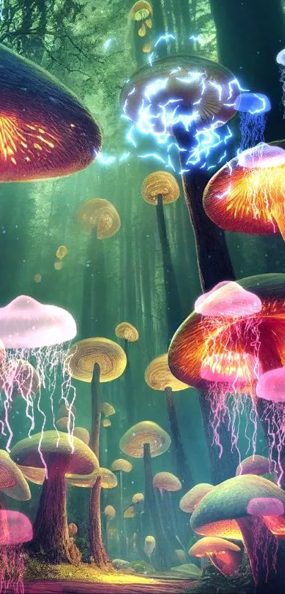 Glowing mushrooms in an enchanted forest setting illuminating the path.