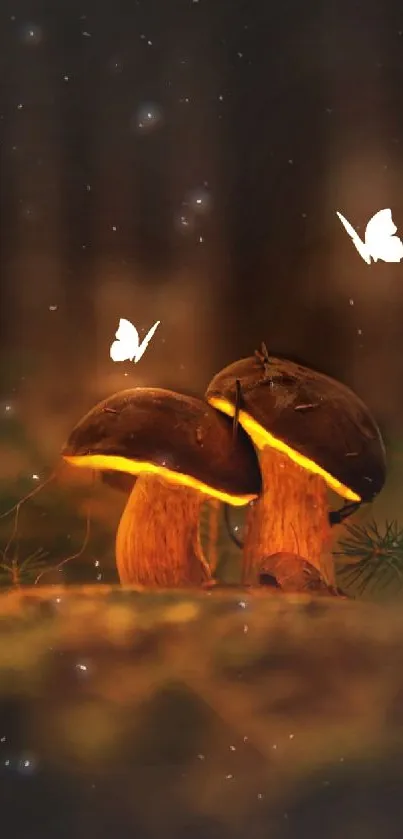 Glowing mushrooms and butterflies in a dark forest setting with a magical ambiance.