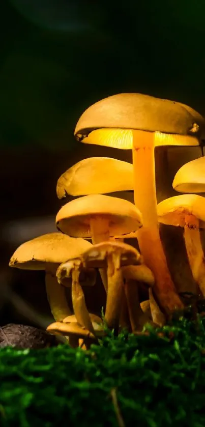 Glowing yellow mushrooms on a dark, mossy forest floor.