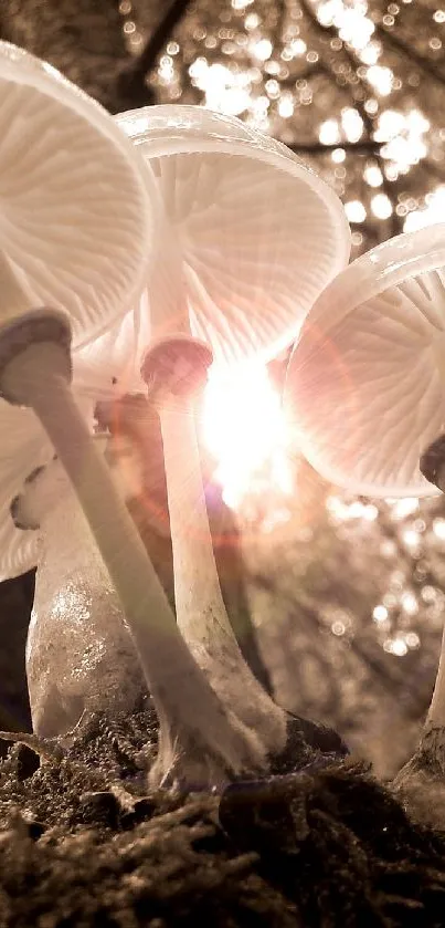 Sepia-toned mushrooms glowing in a sunlit forest scene.